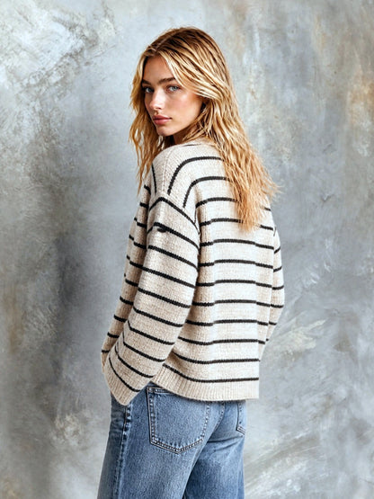 ElevenOra Chic Elegant Oatmeal-Black Stripes V-Neck Long-Flare-Sleeve Double-Breasted Loose-Fit Wool Blend Knit Cardigan