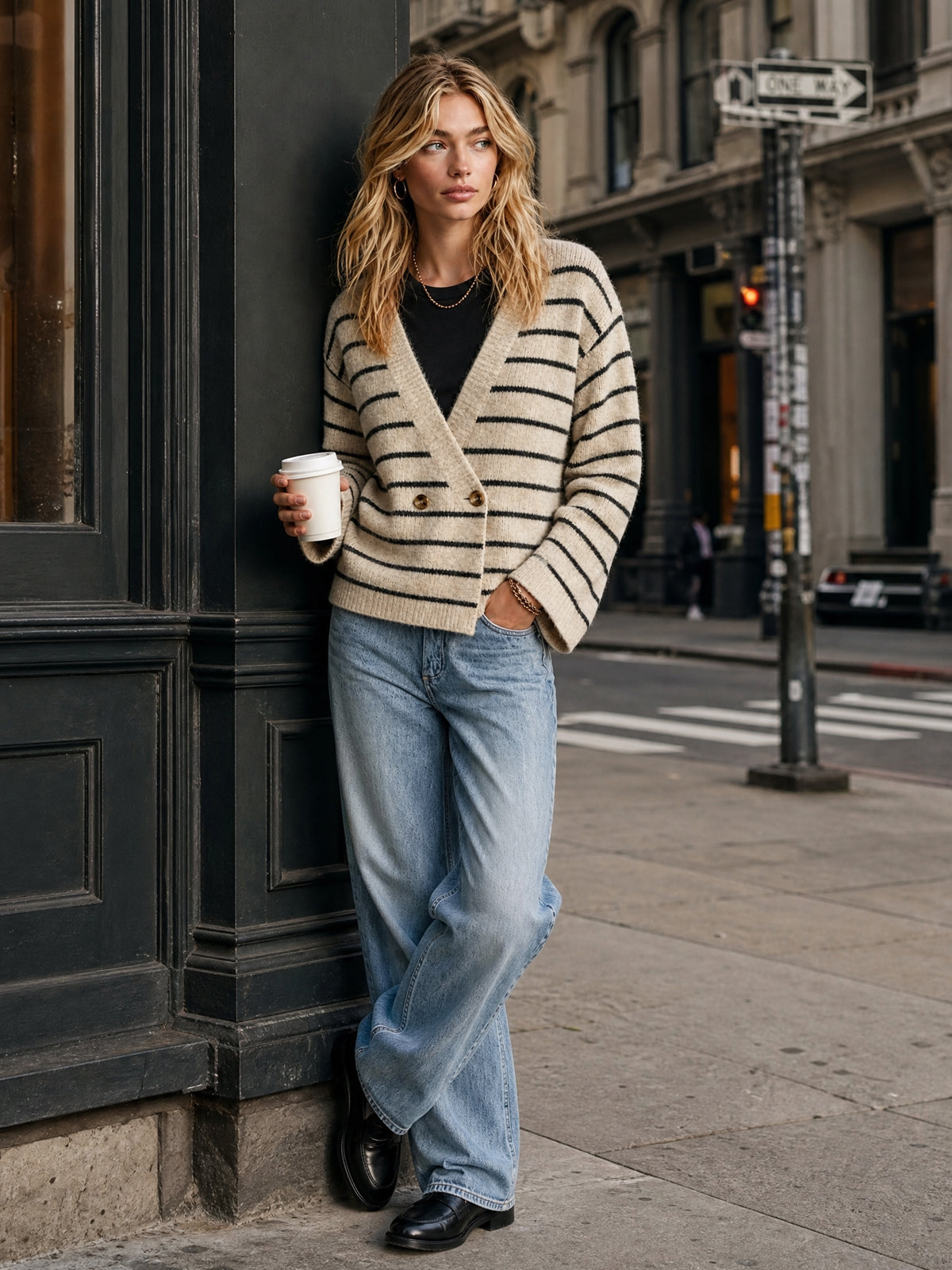 ElevenOra Chic Elegant Oatmeal-Black Stripes V-Neck Long-Flare-Sleeve Double-Breasted Loose-Fit Wool Blend Knit Cardigan