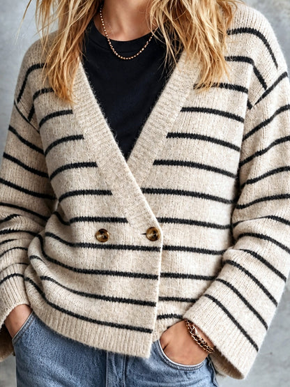 ElevenOra Chic Elegant Oatmeal-Black Stripes V-Neck Long-Flare-Sleeve Double-Breasted Loose-Fit Wool Blend Knit Cardigan