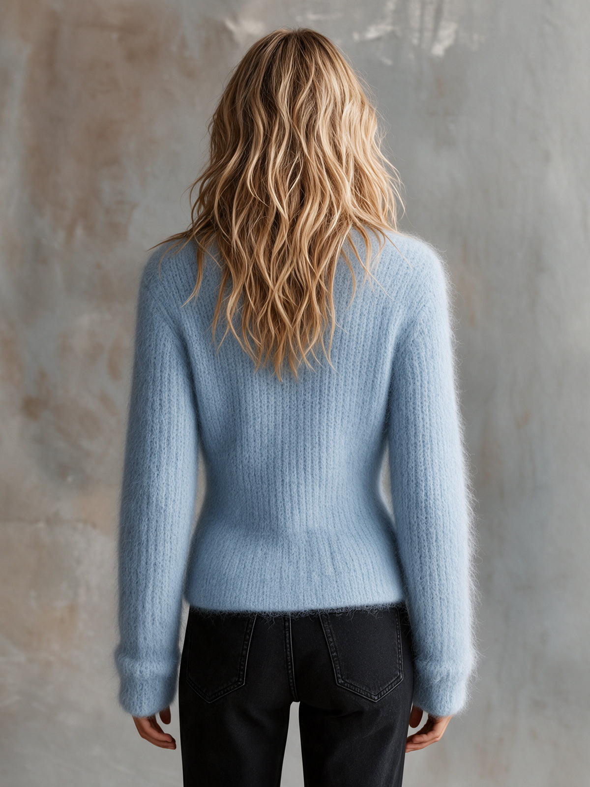 ElevenOra Chic Elegant Light Blue V-Neck Long-Sleeve Single-Breasted Soft Mohair Blend Knit Cardigan