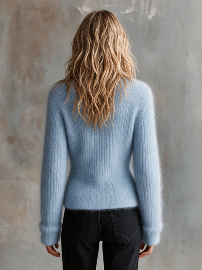 ElevenOra Chic Elegant Light Blue V-Neck Long-Sleeve Single-Breasted Soft Mohair Blend Knit Cardigan