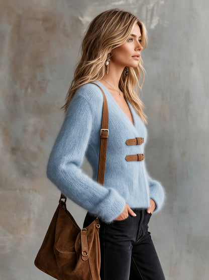ElevenOra Chic Elegant Light Blue V-Neck Long-Sleeve Single-Breasted Soft Mohair Blend Knit Cardigan
