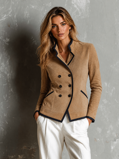 ElevenOra Chic Elegant Camel Stand Notch Collar Double-Breasted Long-Sleeve Contrast Trim Slim-Fit Faux Suede Jacket