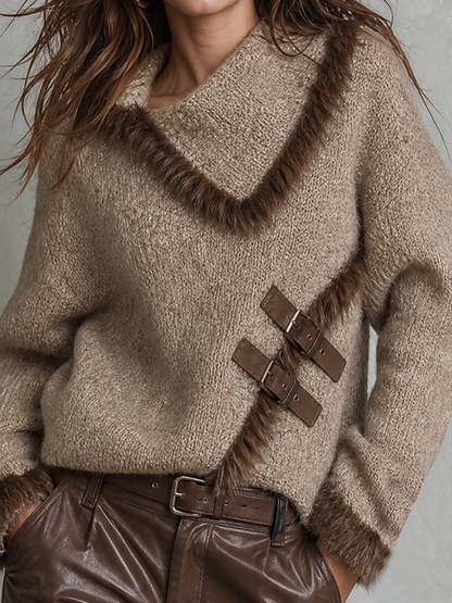 ElevenOra Chic Casual Light Taupe Asymmetrical Collar Long Sleeve Contrast Trim Leather Buckle Strap Loose-Fit Fuzzy Knit Sweater