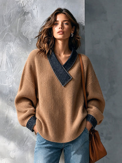 ElevenOra Chic Casual Camel V-Neck Dropped-Shoulder Long-Sleeve Denim Patchwork Warm Wool Blend Knit Sweater