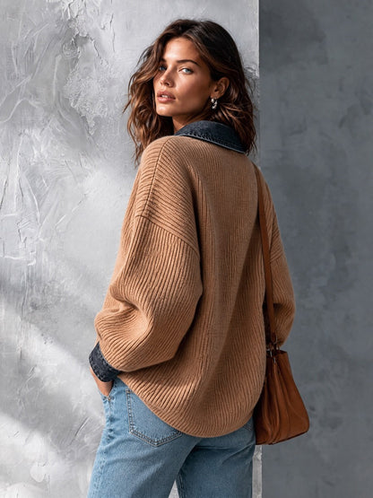 ElevenOra Chic Casual Camel V-Neck Dropped-Shoulder Long-Sleeve Denim Patchwork Warm Wool Blend Knit Sweater