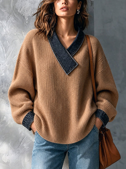 ElevenOra Chic Casual Camel V-Neck Dropped-Shoulder Long-Sleeve Denim Patchwork Warm Wool Blend Knit Sweater