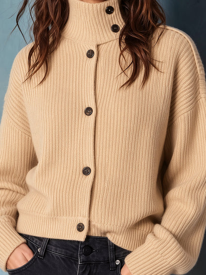 ElevenOra Chic Casual Camel Stand Collar Dropped-Shoulder Long-Sleeve Single-Breasted Wool Blend Knit Cardigan