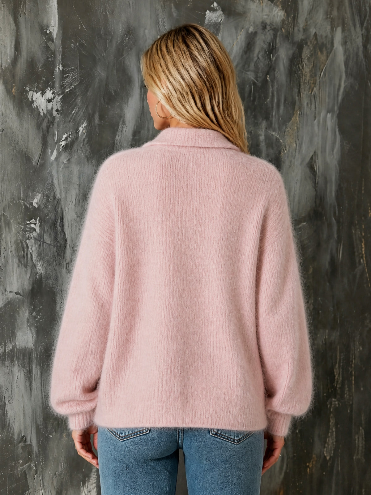 ElevenOra Chic Casual Pink Lapel Collar Long-Sleeve Single-Breasted Patch Pockets Loose-Fit Mohair Blend Knit Cardigan