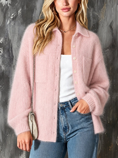 ElevenOra Chic Casual Pink Lapel Collar Long-Sleeve Single-Breasted Patch Pockets Loose-Fit Mohair Blend Knit Cardigan