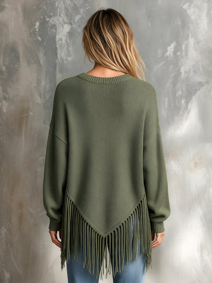 ElevenOra Chic Casual Army Green Round-Neck Long-Sleeve Pointed Hem Fringe Detail Loose-Fit Wool Blend Knit Sweater