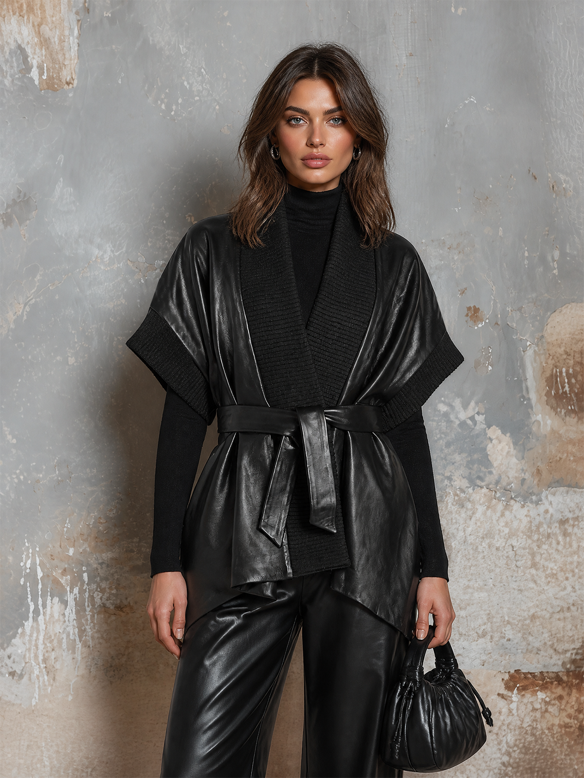 ElevenOra Chic Elegant Black Shawl Collar Dolman Sleeve Asymmetric Hem Tie Belt Loose-Fit Faux Leather Jacket