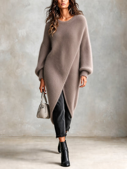 ElevenOra Chic Elegant Light Brown Round-Neck Long-Lantern-Sleeve Cross-Front High-Low Hem Loose-Fit Mohair Blend Knit Long Sweater