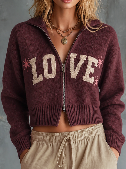 ElevenOra Chic Casual Burgundy Lapel Collar Letter Jacquard Zip‑Up Long-Sleeve Loose-Fit Wool-Blend Knit Cardigan