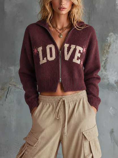 ElevenOra Chic Casual Burgundy Lapel Collar Letter Jacquard Zip‑Up Long-Sleeve Loose-Fit Wool-Blend Knit Cardigan