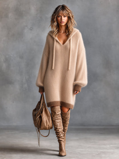 ElevenOra Chic Elegant Camel-Brown Colorblock Hooded-Collar Long-Lantern-Sleeve Oversize Soft Mohair Blend Knit Midi Dress