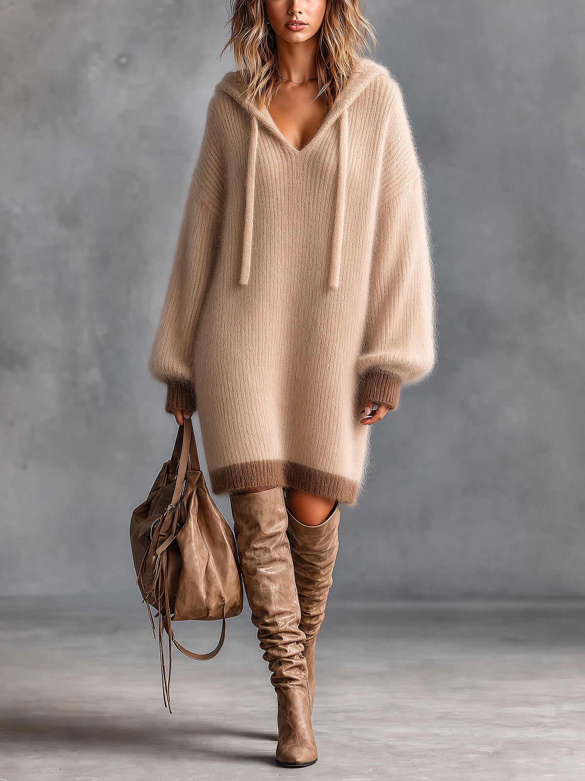 ElevenOra Chic Elegant Camel-Brown Colorblock Hooded-Collar Long-Lantern-Sleeve Oversize Soft Mohair Blend Knit Midi Dress