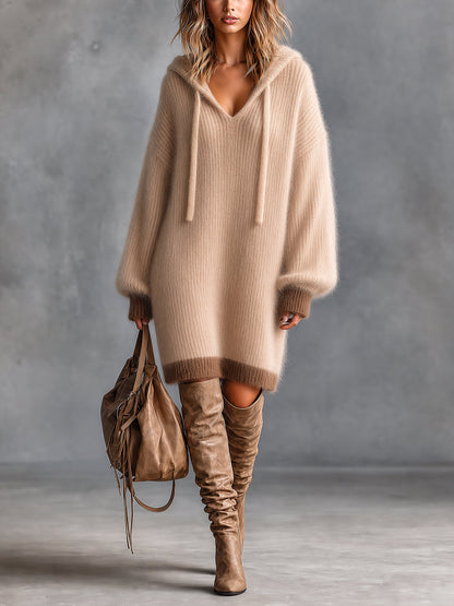 ElevenOra Chic Elegant Camel-Brown Colorblock Hooded-Collar Long-Lantern-Sleeve Oversize Soft Mohair Blend Knit Midi Dress