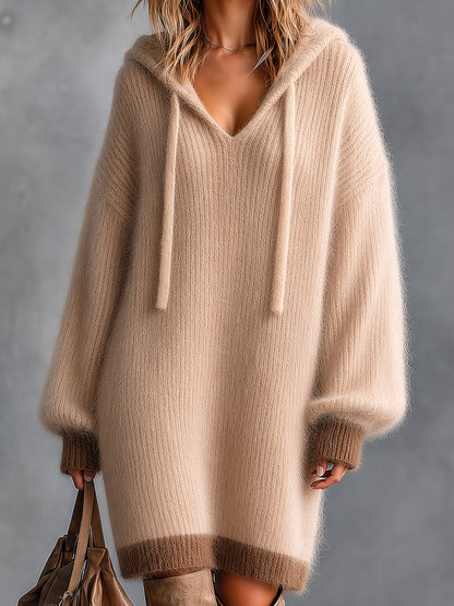 ElevenOra Chic Elegant Camel-Brown Colorblock Hooded-Collar Long-Lantern-Sleeve Oversize Soft Mohair Blend Knit Midi Dress