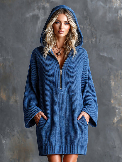 ElevenOra Chic Elegant Royal Blue Zipper-Front Hooded-Collar Long-Flare-Sleeve Loose-Fit Wool Blend Knit Mini Dress