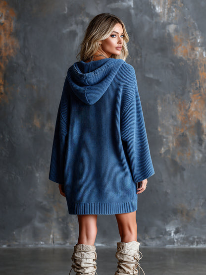 ElevenOra Chic Elegant Royal Blue Zipper-Front Hooded-Collar Long-Flare-Sleeve Loose-Fit Wool Blend Knit Mini Dress