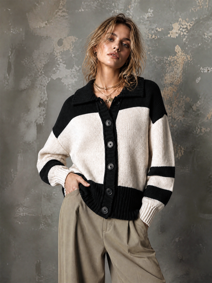 ElevenOra Chic Casual Black-White Colorblock Lapel Collar Dropped Shoulder Long-Sleeve Single-Breasted Loose-Fit Knit Cardigan