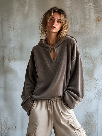 ElevenOra Chic Casual Taupe Brown Hooded-Collar Keyhole Cutout Dropped Shoulder Long Sleeve Loose-Fit Soft Velour Fabric Sweatshirt