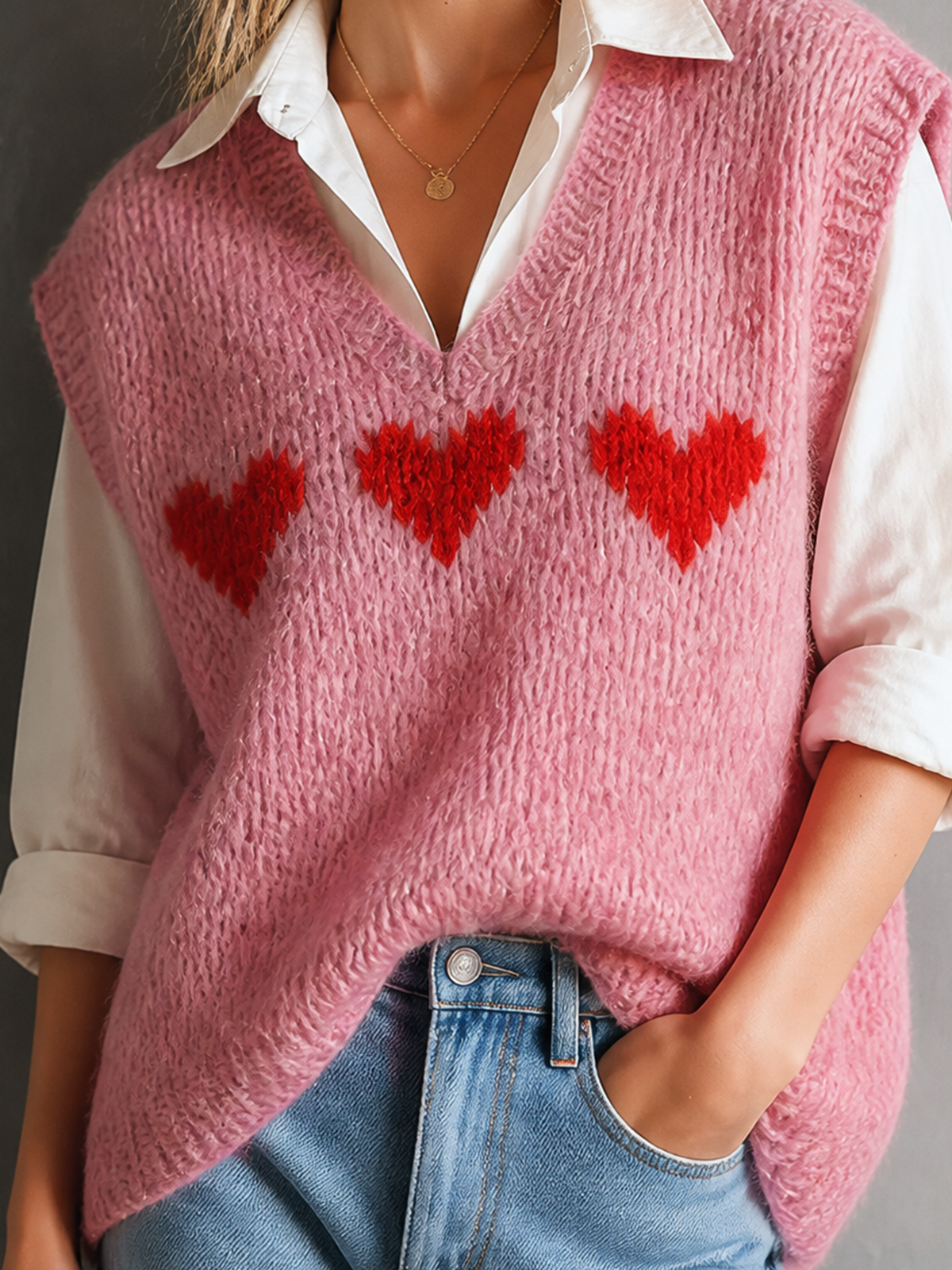 ElevenOra Chic Casual Pink V-Neck Red Heart Jacquard Sleeveless Loose-Fit Fuzzy Knit Vest