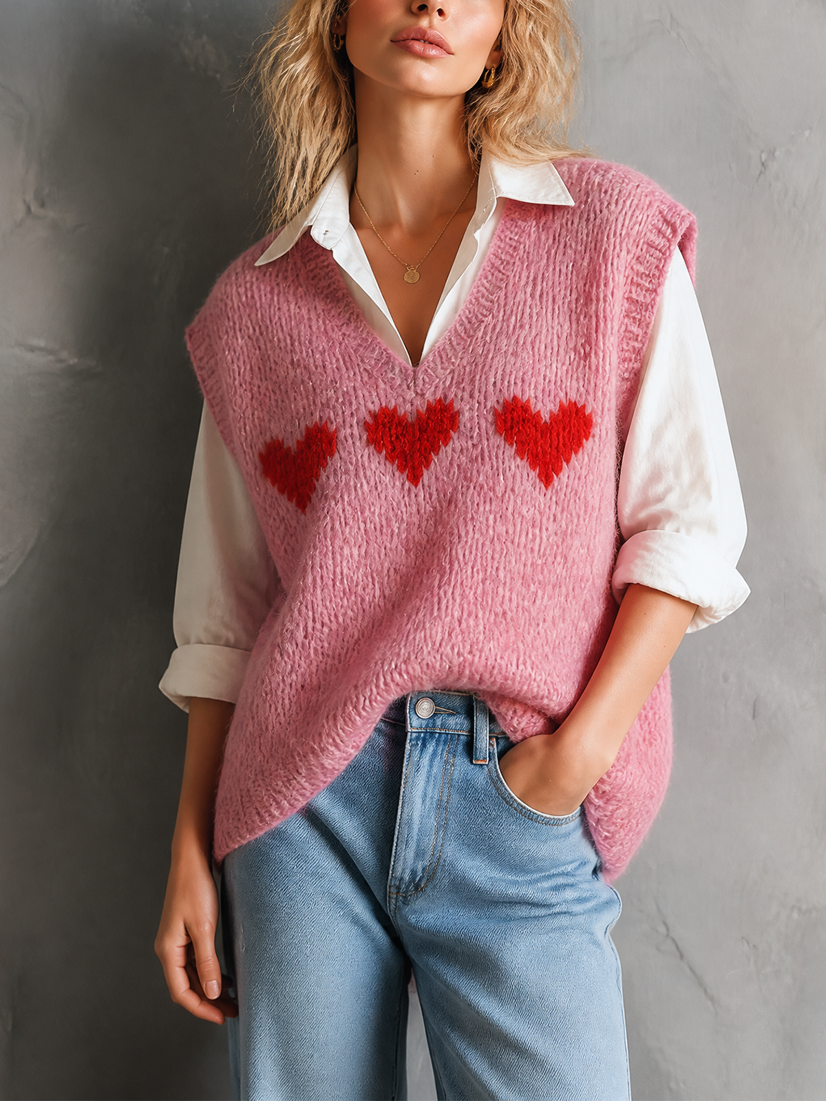 ElevenOra Chic Casual Pink V-Neck Red Heart Jacquard Sleeveless Loose-Fit Fuzzy Knit Vest