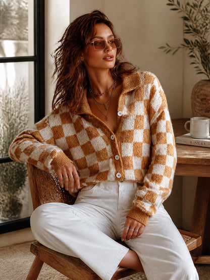 ElevenOra Chic Casual Camel-White Checkerboard Pattern Jacquard Lapel Collar Long-Sleeve Single-Breasted Wool Blend Knit Cardigan