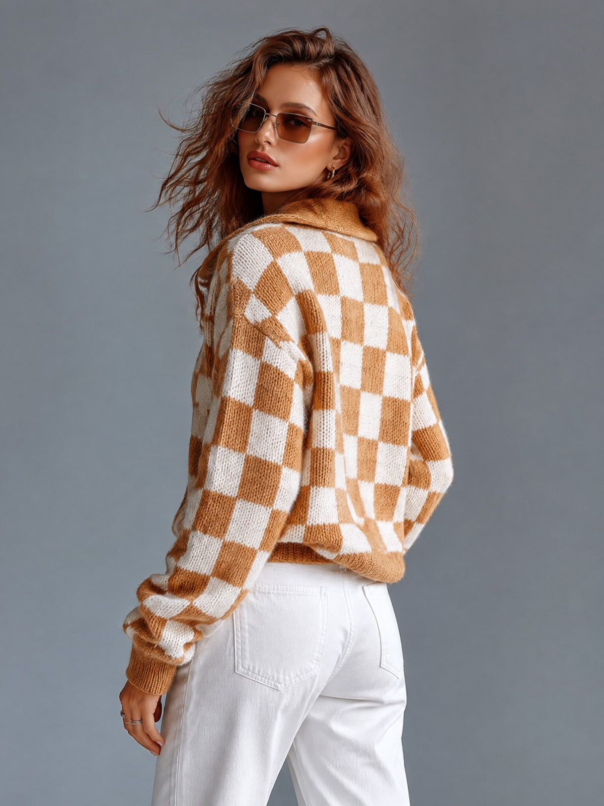 ElevenOra Chic Casual Camel-White Checkerboard Pattern Jacquard Lapel Collar Long-Sleeve Single-Breasted Wool Blend Knit Cardigan