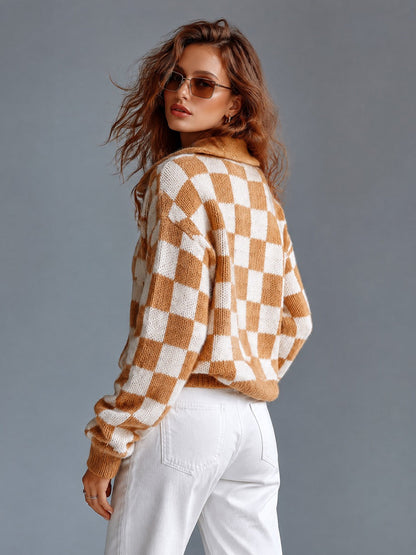 ElevenOra Chic Casual Camel-White Checkerboard Pattern Jacquard Lapel Collar Long-Sleeve Single-Breasted Wool Blend Knit Cardigan