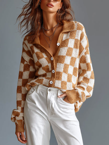 ElevenOra Chic Casual Camel-White Checkerboard Pattern Jacquard Lapel Collar Long-Sleeve Single-Breasted Wool Blend Knit Cardigan