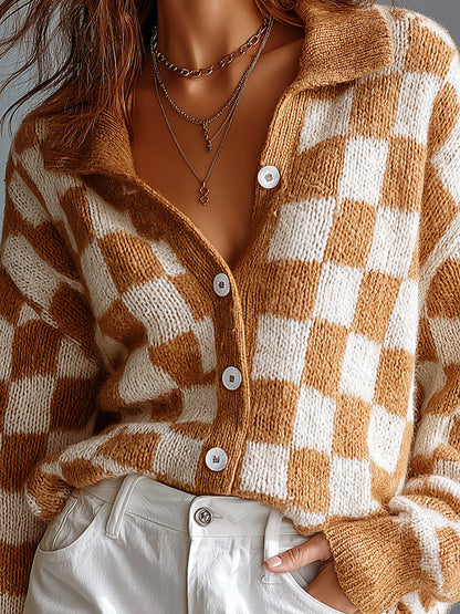 ElevenOra Chic Casual Camel-White Checkerboard Pattern Jacquard Lapel Collar Long-Sleeve Single-Breasted Wool Blend Knit Cardigan