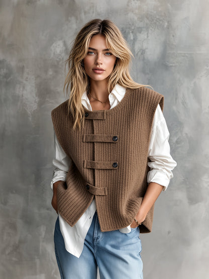 ElevenOra Chic Casual Brown Round-Neck Sleeveless Single-Breasted Loose-Fit Wool Blend Ribbed Knit Vest