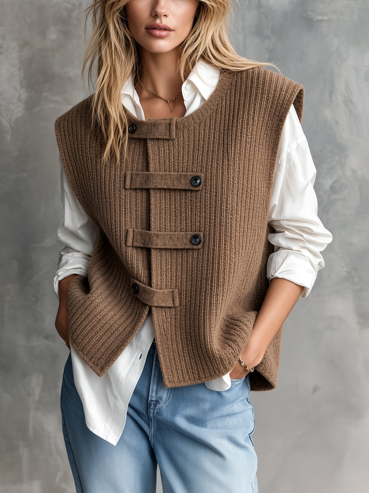 ElevenOra Chic Casual Brown Round-Neck Sleeveless Single-Breasted Loose-Fit Wool Blend Ribbed Knit Vest