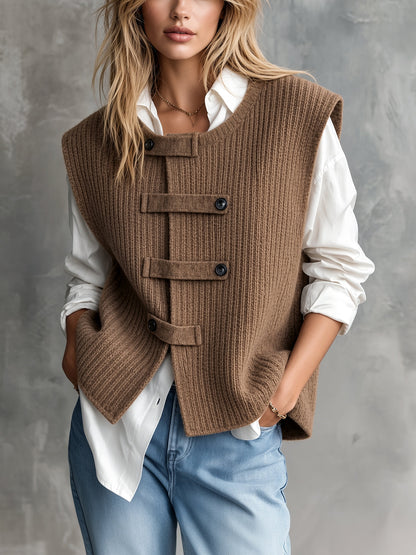 ElevenOra Chic Casual Brown Round-Neck Sleeveless Single-Breasted Loose-Fit Wool Blend Ribbed Knit Vest