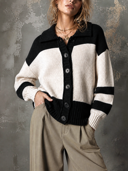 ElevenOra Chic Casual Black-White Colorblock Lapel Collar Dropped Shoulder Long-Sleeve Single-Breasted Loose-Fit Knit Cardigan