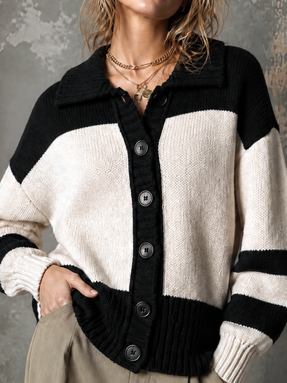 ElevenOra Chic Casual Black-White Colorblock Lapel Collar Dropped Shoulder Long-Sleeve Single-Breasted Loose-Fit Knit Cardigan