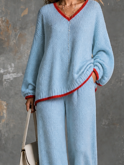 ElevenOra Chic Elegant Light Blue V-Neck Long Sleeve Red Contrast Trim Loose-Fit Sweater Elastic-Waist Wide-Leg Pants Knit Two-Piece Set