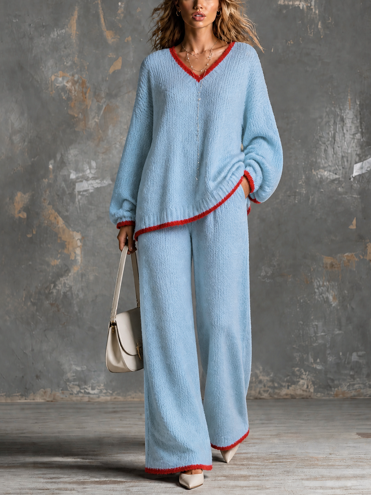 ElevenOra Chic Elegant Light Blue V-Neck Long Sleeve Red Contrast Trim Loose-Fit Sweater Elastic-Waist Wide-Leg Pants Knit Two-Piece Set