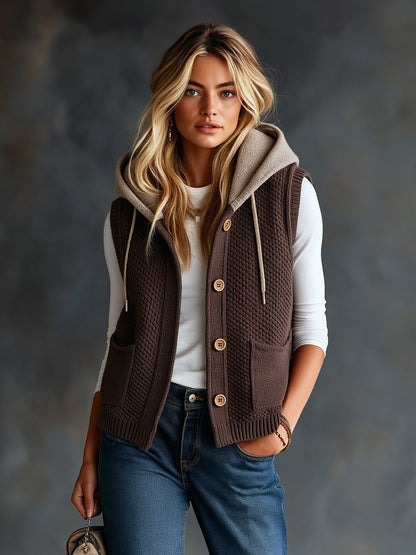 ElevenOra Chic Casual Coffee-Gray Colorblock Hooded Collar Sleeveless Single-Breasted Patch Pockets Loose-Fit Wool Blend Knit Vest
