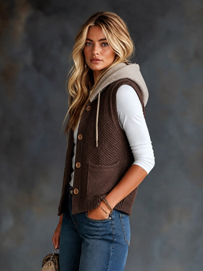 ElevenOra Chic Casual Coffee-Gray Colorblock Hooded Collar Sleeveless Single-Breasted Patch Pockets Loose-Fit Wool Blend Knit Vest