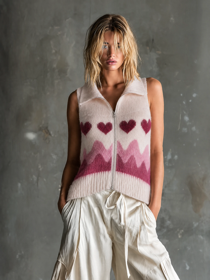 ElevenOra Chic Casual Light Pink Lapel Collar Zip Front Heart Wavy Jacquard Sleeveless Loose-Fit Soft Fuzzy Knit Vest