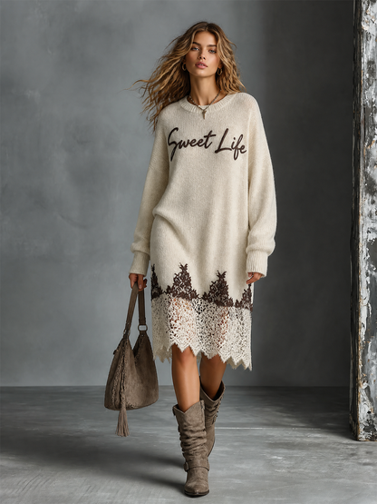ElevenOra Chic Casual Off-White Round-Neck Letter Embroidery Lace Hem Long Sleeve Loose-Fit Knit Midi Dress
