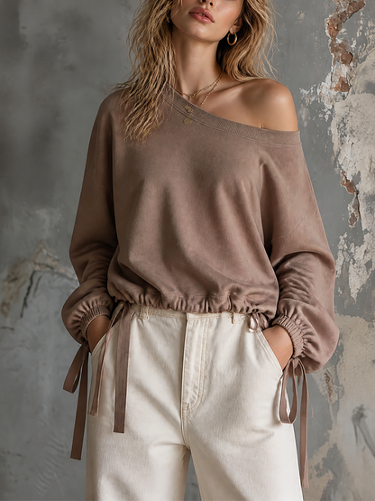 ElevenOra Chic Casual Dusty Taupe Off Shoulder Dropped Shoulder Long Sleeve Drawstring Ties Loose-Fit Terry Fabric Sweatshirt