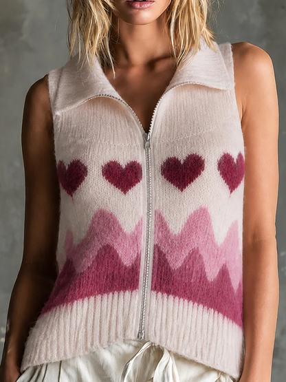 ElevenOra Chic Casual Light Pink Lapel Collar Zip Front Heart Wavy Jacquard Sleeveless Loose-Fit Soft Fuzzy Knit Vest