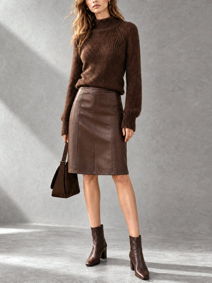 Chic Elegant Set Coffee – pletený svetr a midi sukně z eko-kůže