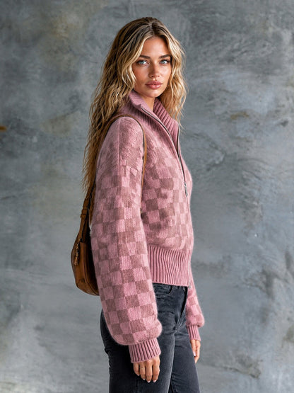 ElevenOra Chic Casual Pink Checkerboard Jacquard Stand-Collar Zipper-Front Long-Sleeve Loose-Fit Mohair Blend Knit Cardigan