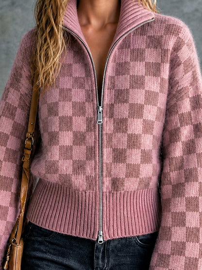 ElevenOra Chic Casual Pink Checkerboard Jacquard Stand-Collar Zipper-Front Long-Sleeve Loose-Fit Mohair Blend Knit Cardigan